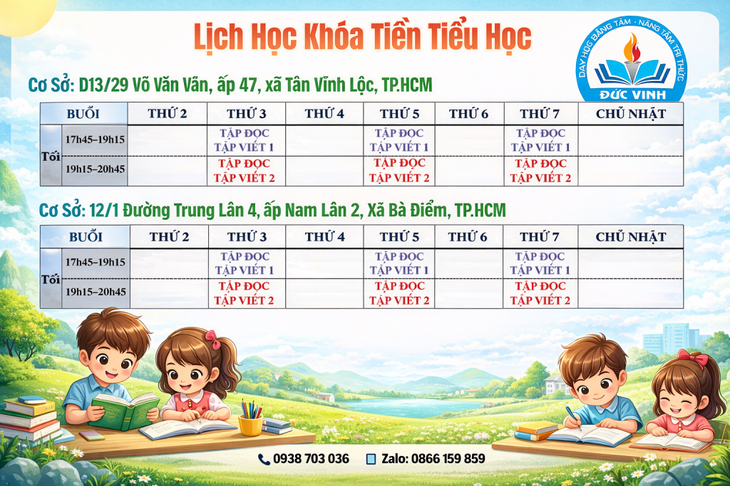 lịch học tiền tiểu học